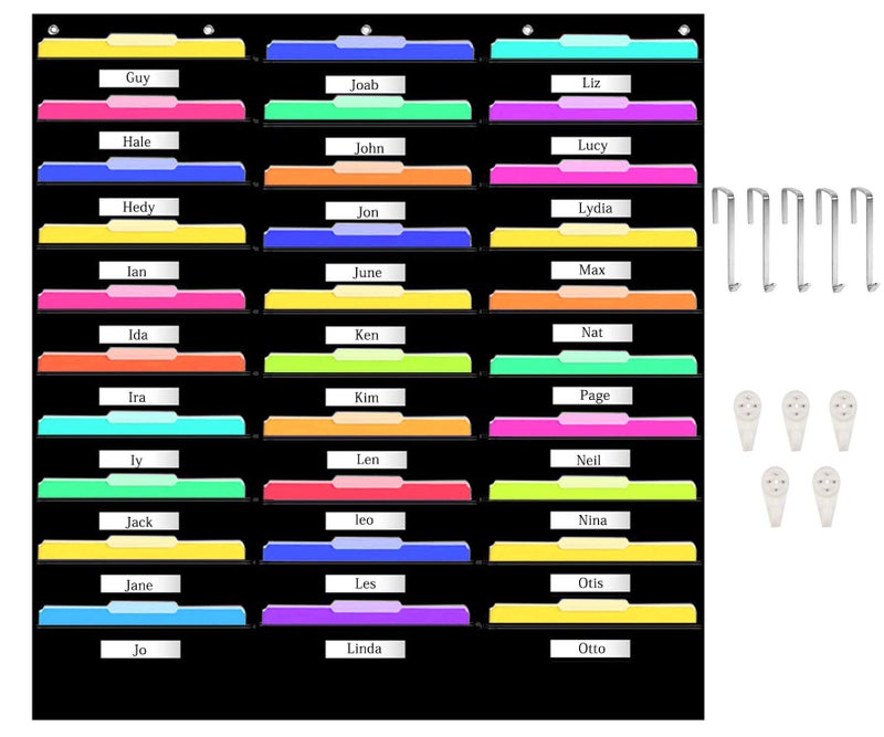 Pimuza Hanging File Holder Organizer Rack, 30 Pocket File Folder Black, Wall Mount, Folder Tabs, 5 Metal Hooks, Hang Desk File, Letter, Magazine, Mail, Calendar, Home Decor Storage Cabinet, Office, Shelf - Image 1